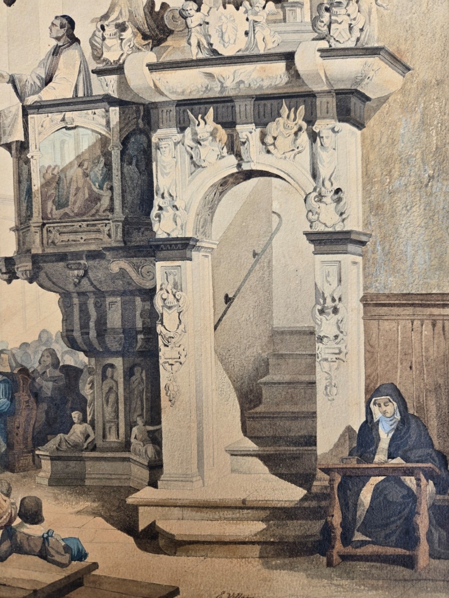 Edouard Villain Watercolor Drawing Cathedral Pulpit 1851-photo-3