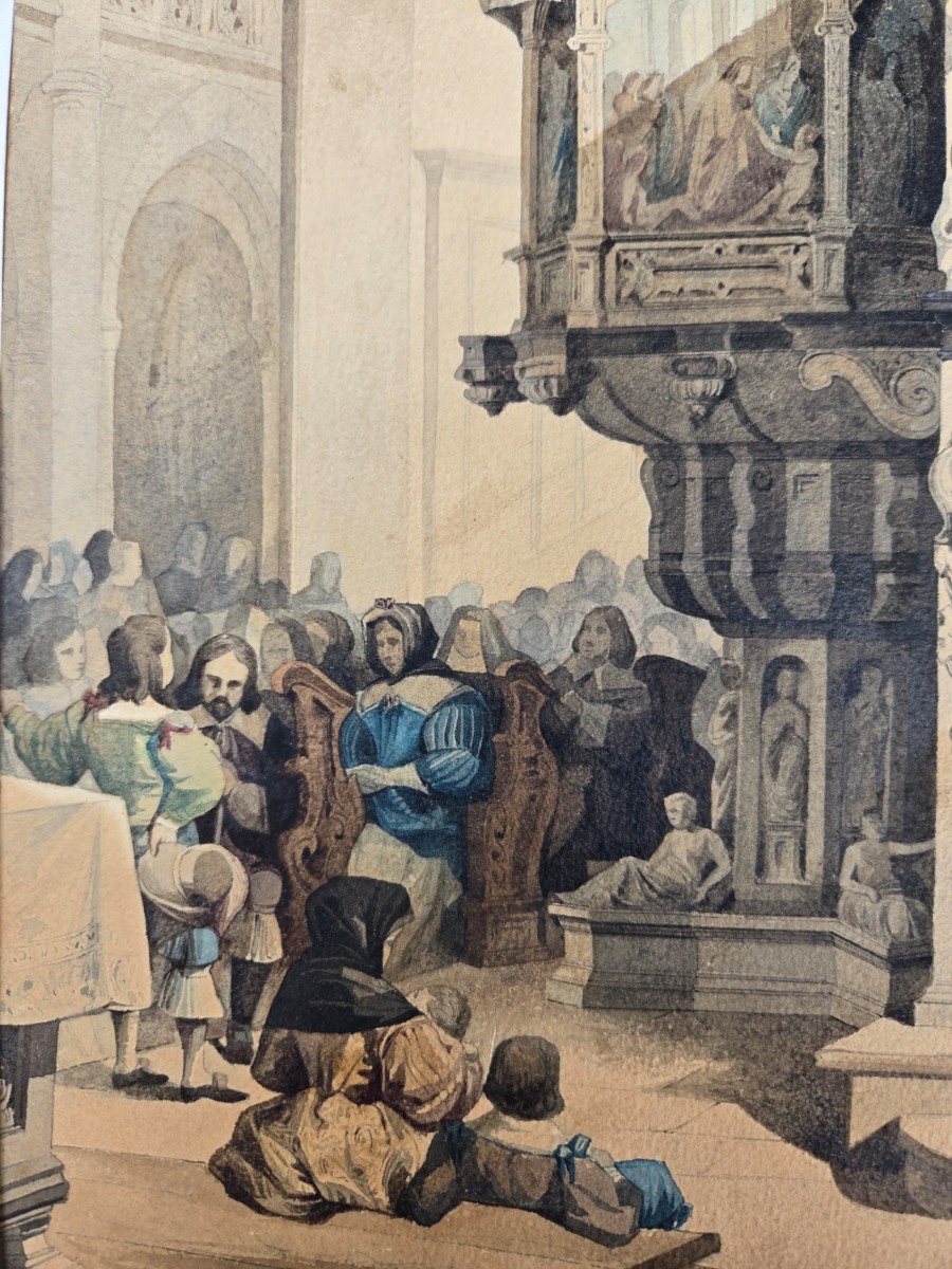 Edouard Villain Watercolor Drawing Cathedral Pulpit 1851-photo-1