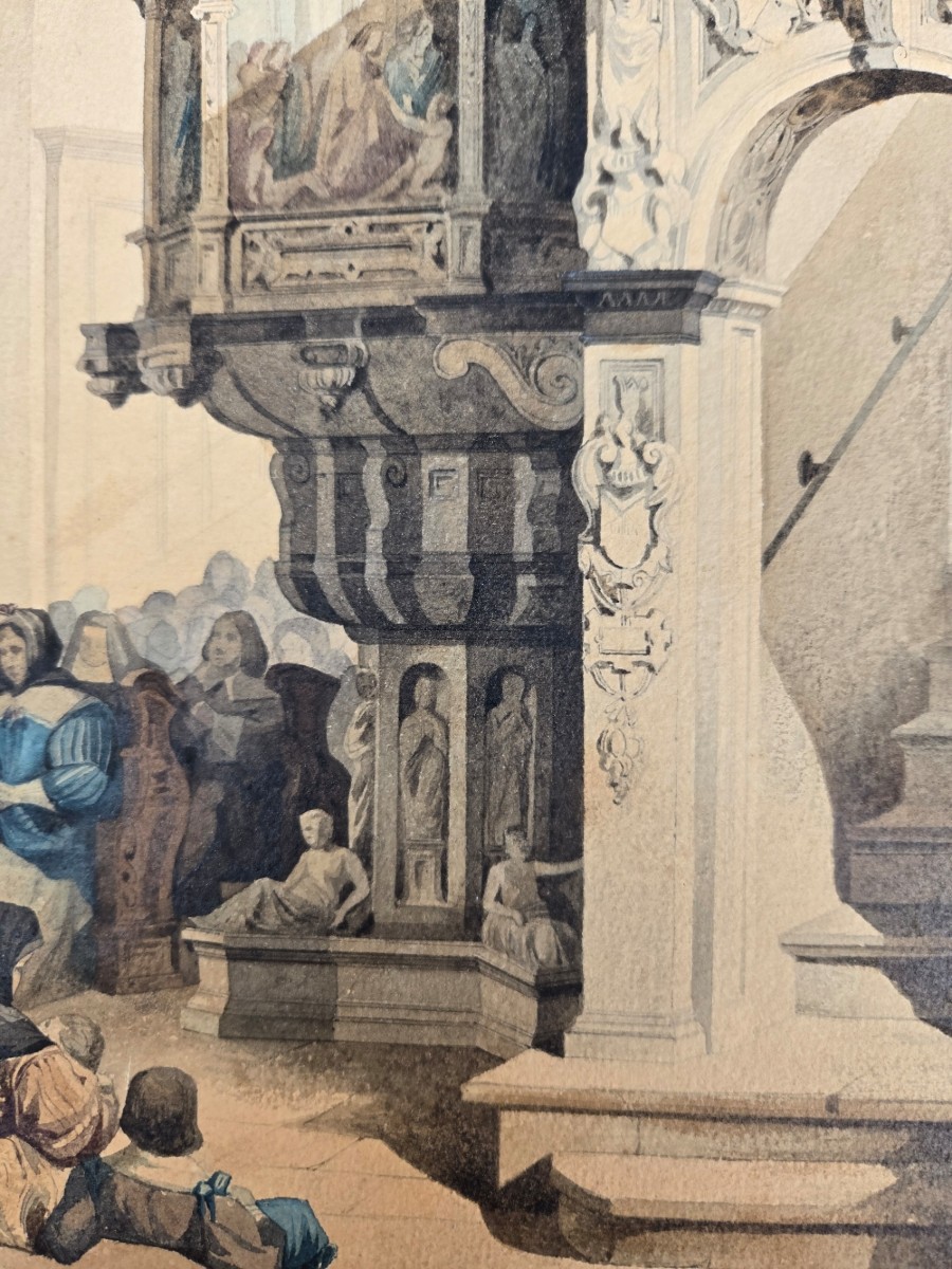 Edouard Villain Watercolor Drawing Cathedral Pulpit 1851-photo-2