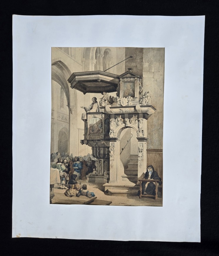 Edouard Villain Watercolor Drawing Cathedral Pulpit 1851-photo-4