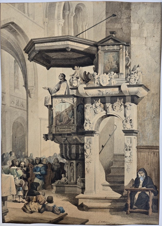 Edouard Villain Watercolor Drawing Cathedral Pulpit 1851