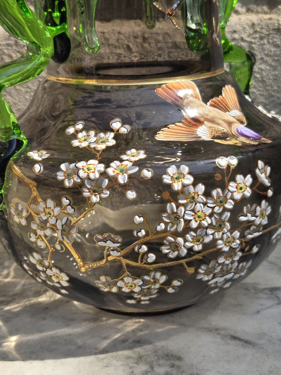 Auguste Jean Clichy vase émaillé art nouveau japonisant décors fleurs, oiseau et libellules -photo-1