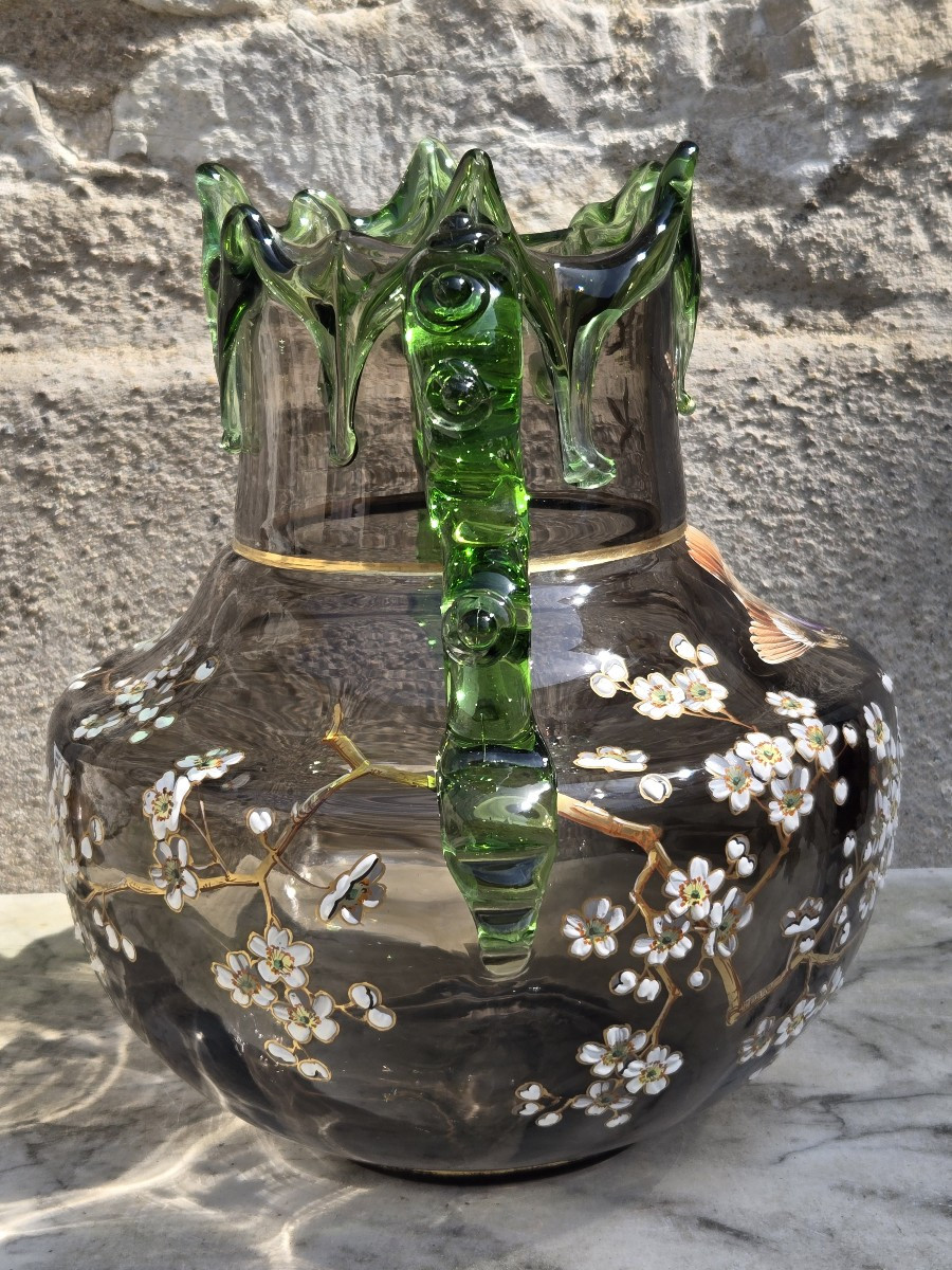 Auguste Jean Clichy vase émaillé art nouveau japonisant décors fleurs, oiseau et libellules -photo-2