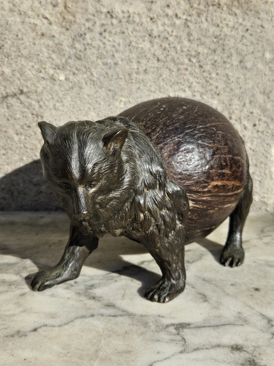 Important Antique Bronze Bear And Coconut Table Bell Curiosity-photo-2