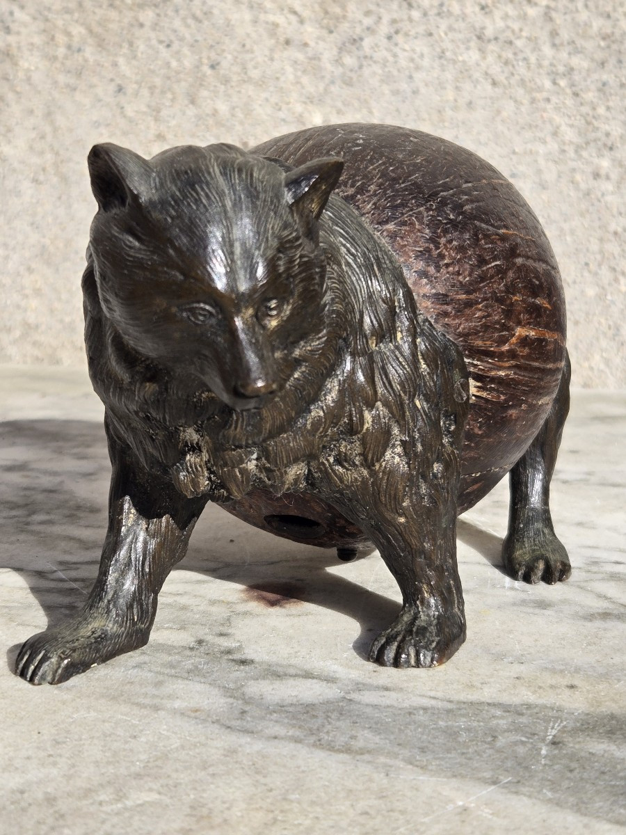 Important Antique Bronze Bear And Coconut Table Bell Curiosity-photo-4