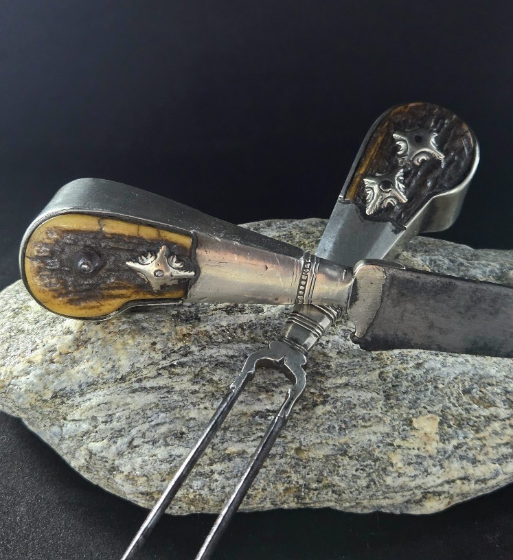 18th Century Hunting Cutlery In Antler, Silver And Steel, Knife.-photo-2
