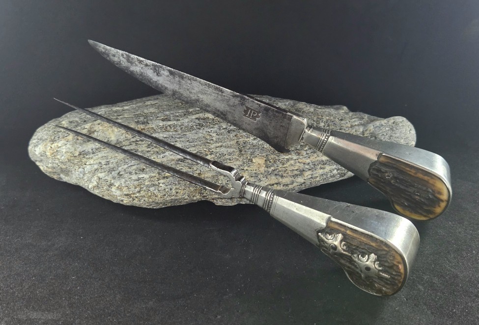 18th Century Hunting Cutlery In Antler, Silver And Steel, Knife.-photo-4