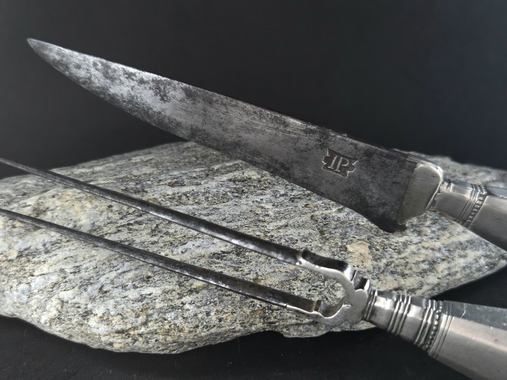 18th Century Hunting Cutlery In Antler, Silver And Steel, Knife.-photo-1
