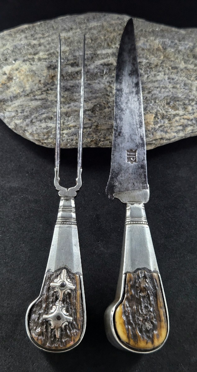 18th Century Hunting Cutlery In Antler, Silver And Steel, Knife.-photo-2