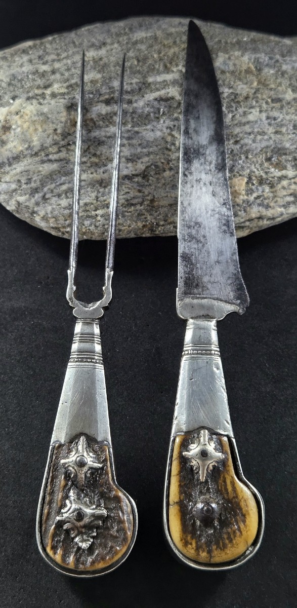 18th Century Hunting Cutlery In Antler, Silver And Steel, Knife.-photo-3