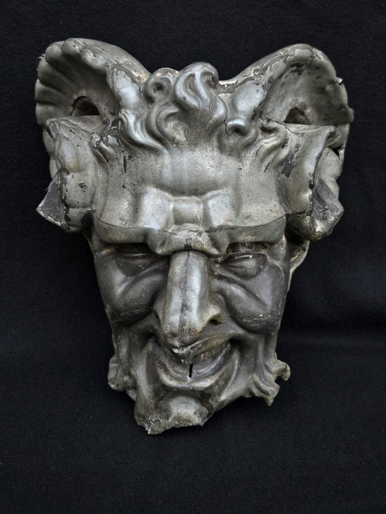 Zinc Faun Or Devil Head From The 19th Century, Decorative Facade Element.-photo-2