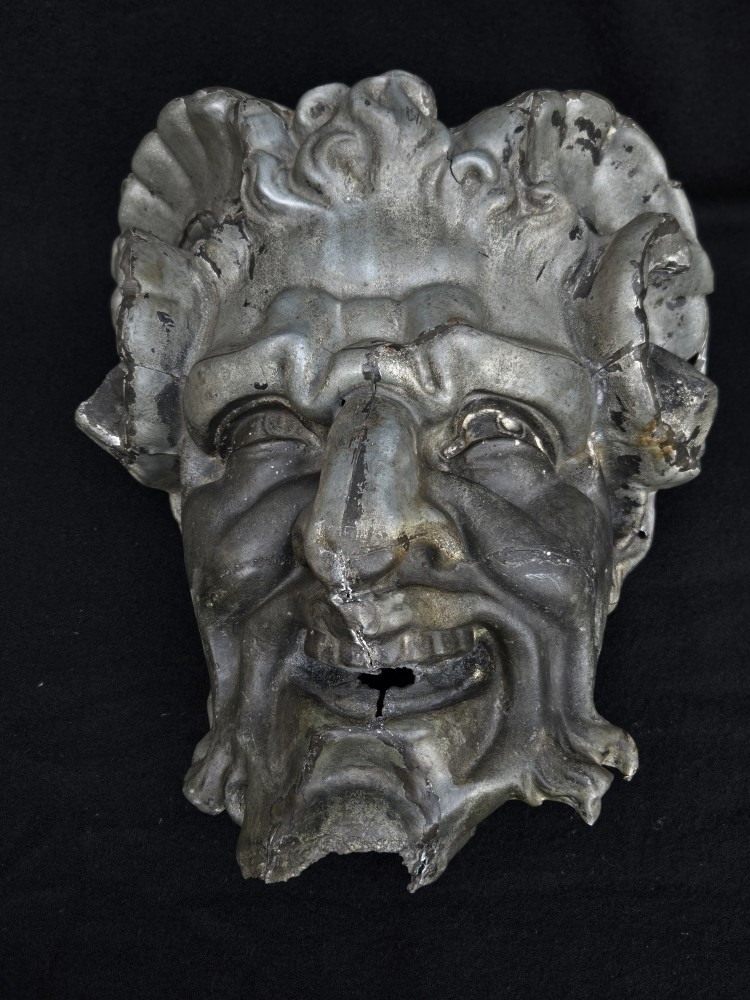 Zinc Faun Or Devil Head From The 19th Century, Decorative Facade Element.-photo-1