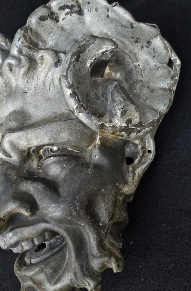Zinc Faun Or Devil Head From The 19th Century, Decorative Facade Element.-photo-3