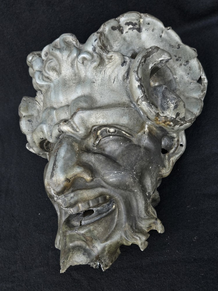 Zinc Faun Or Devil Head From The 19th Century, Decorative Facade Element.