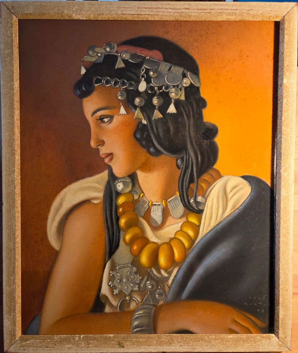 René MARTIN Pastel belle Orientale aux bijoux du maghreb daté 1943 Orientaliste Maroc Algerie-photo-2