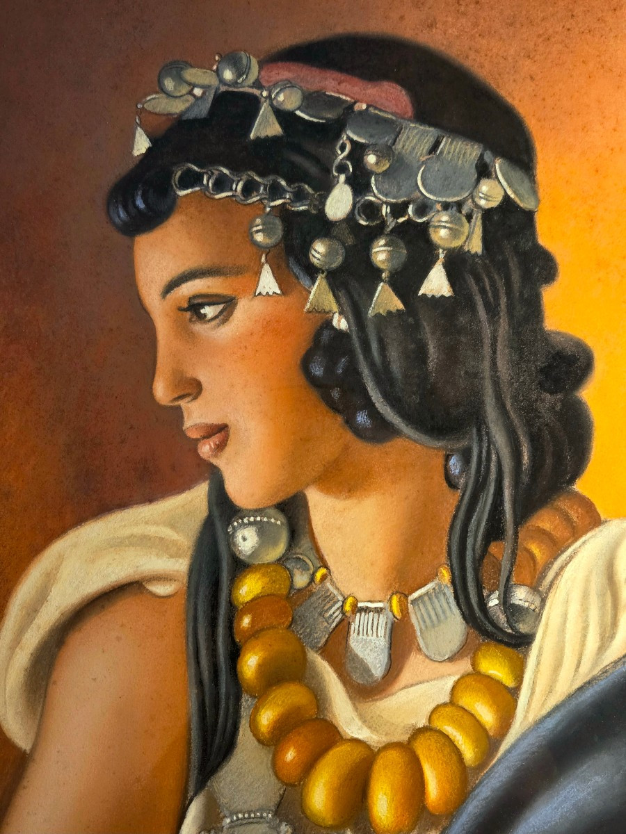 René MARTIN Pastel belle Orientale aux bijoux du maghreb daté 1943 Orientaliste Maroc Algerie-photo-3