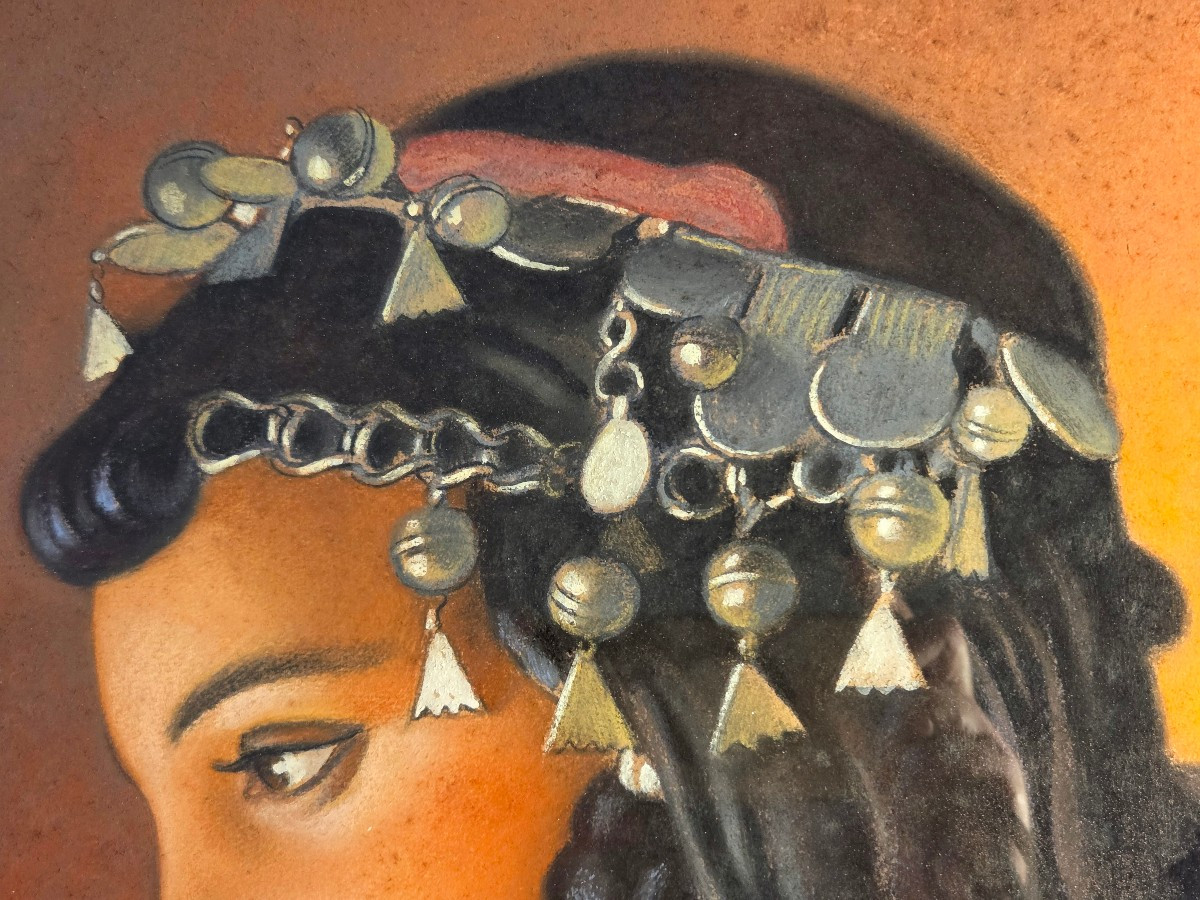 René MARTIN Pastel belle Orientale aux bijoux du maghreb daté 1943 Orientaliste Maroc Algerie-photo-4