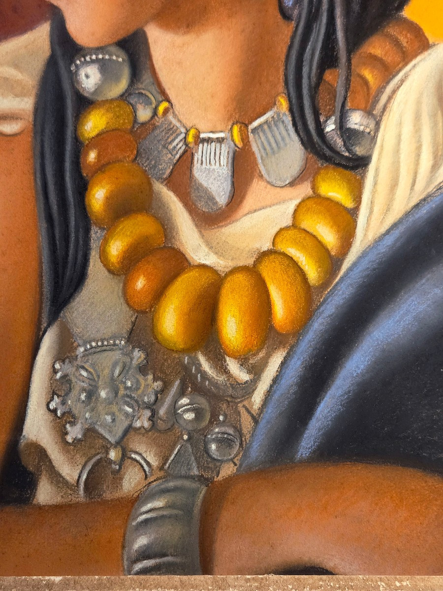 René MARTIN Pastel belle Orientale aux bijoux du maghreb daté 1943 Orientaliste Maroc Algerie-photo-1