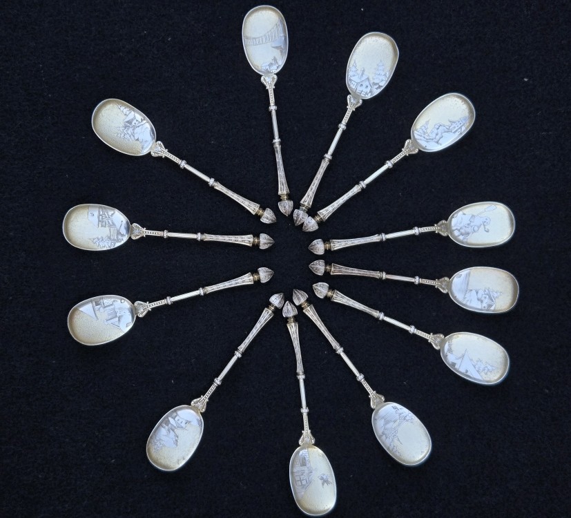 Alphonse Debain service à glace en argent et vermeil paysages hivernaux, 12 pelles ou cuillères-photo-2