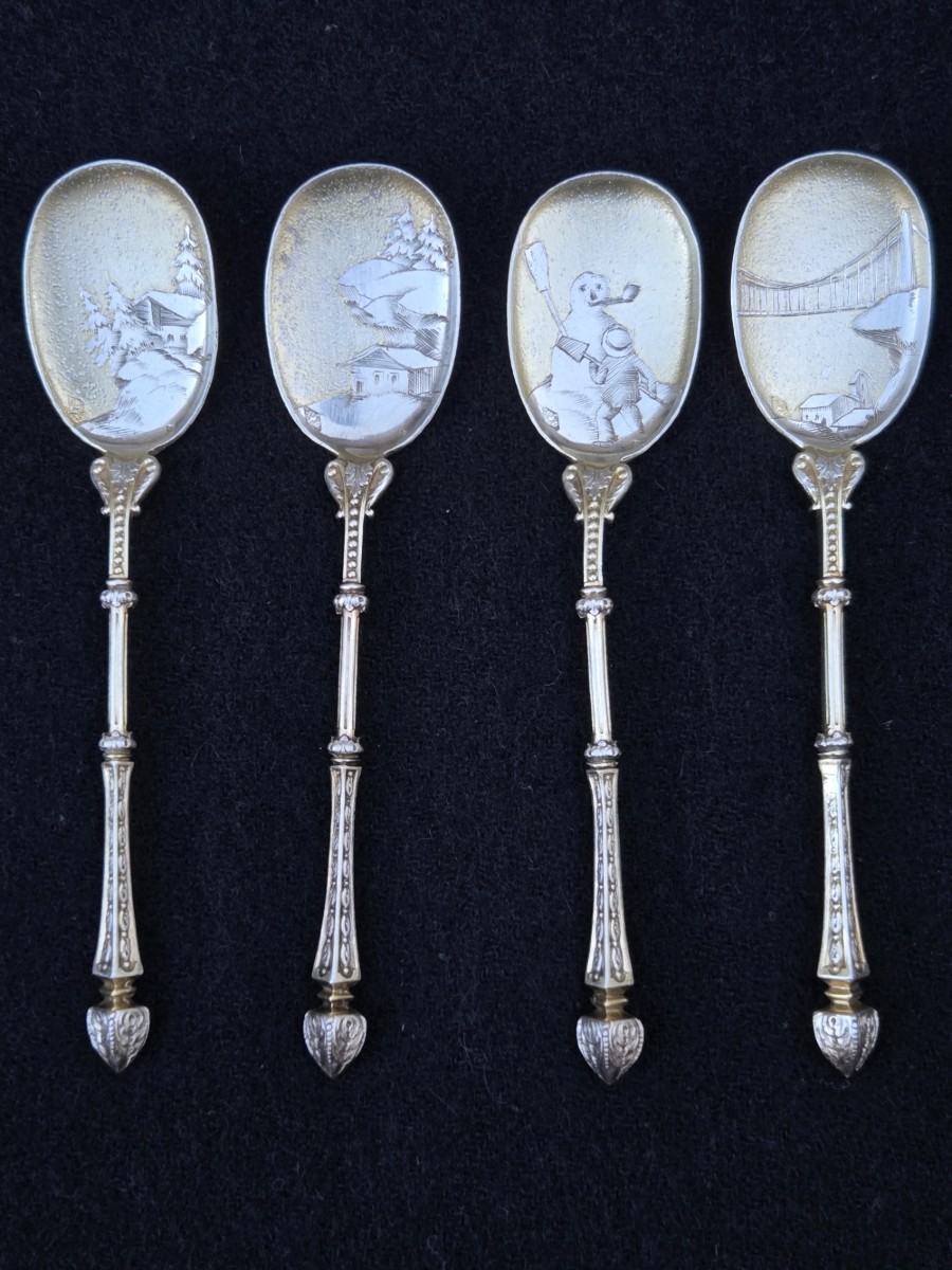 Alphonse Debain service à glace en argent et vermeil paysages hivernaux, 12 pelles ou cuillères-photo-3