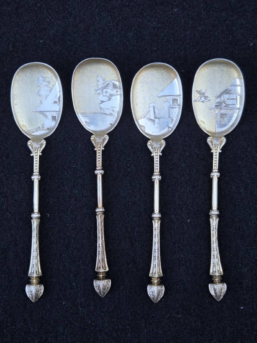 Alphonse Debain service à glace en argent et vermeil paysages hivernaux, 12 pelles ou cuillères-photo-4