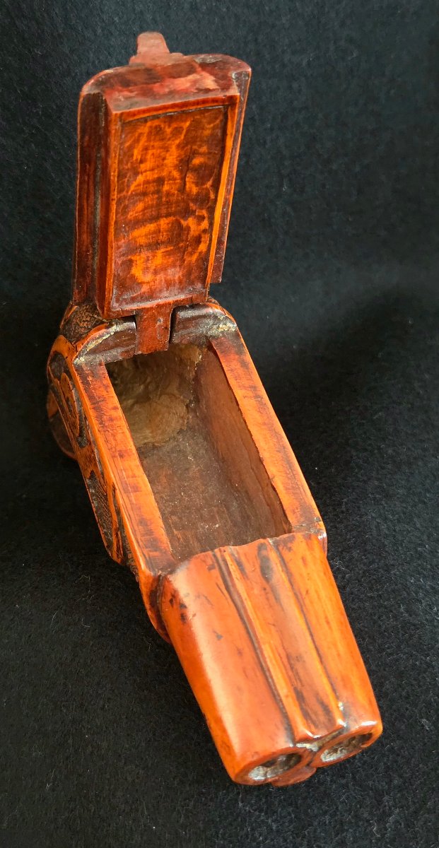 Boxwood Snuffbox Depicting A Pistol, First Empire Period, Folk Art.-photo-4
