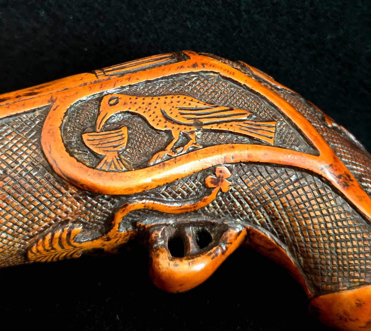 Boxwood Snuffbox Depicting A Pistol, First Empire Period, Folk Art.-photo-8