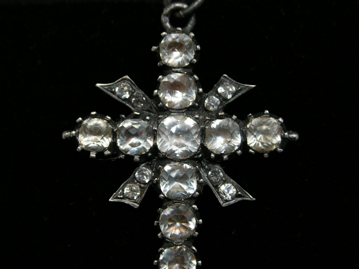 Croix Pendentif En Argent Vermeil Et Pierres Blanches XIXème-photo-2