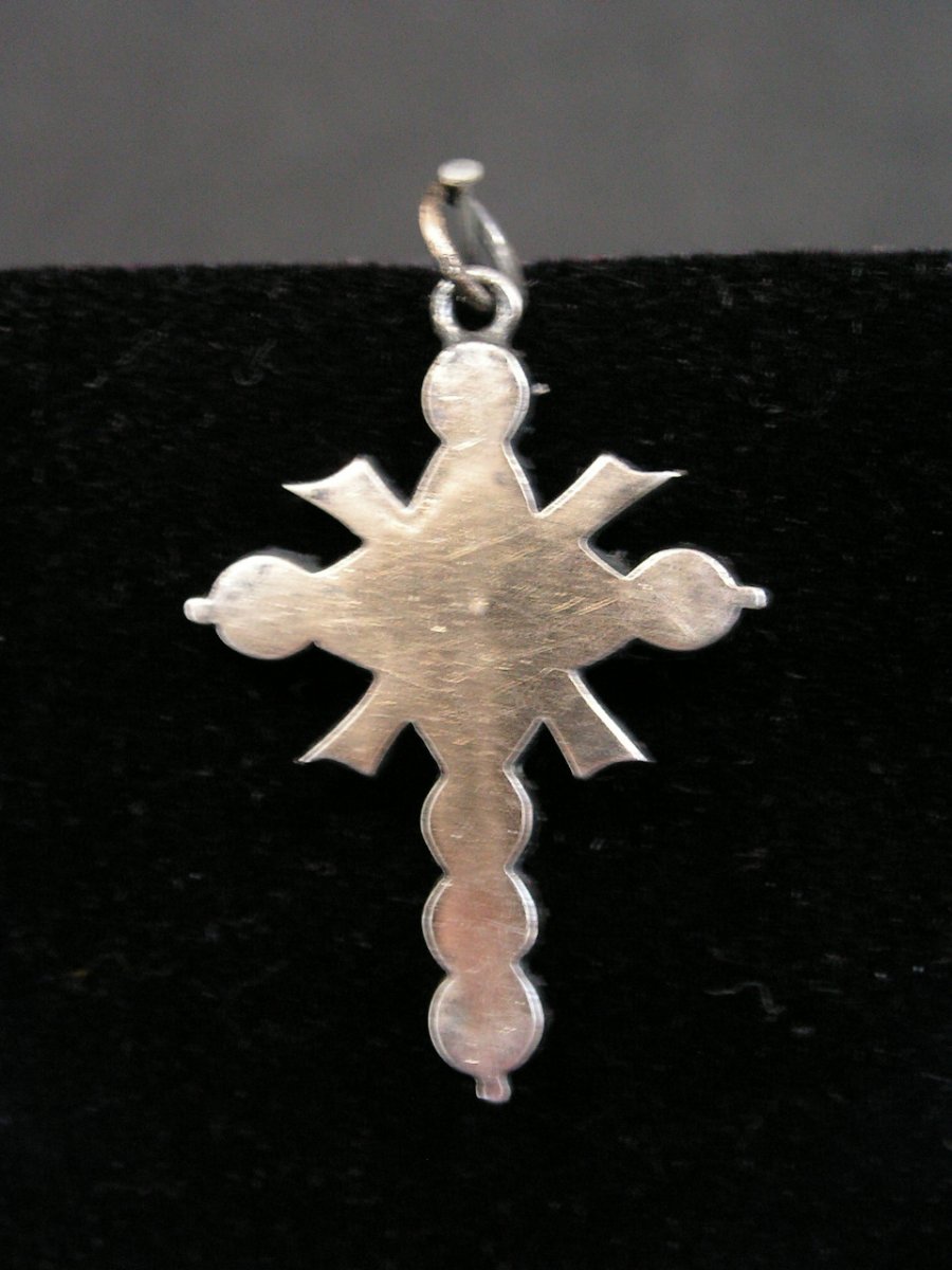 Croix Pendentif En Argent Vermeil Et Pierres Blanches XIXème-photo-3