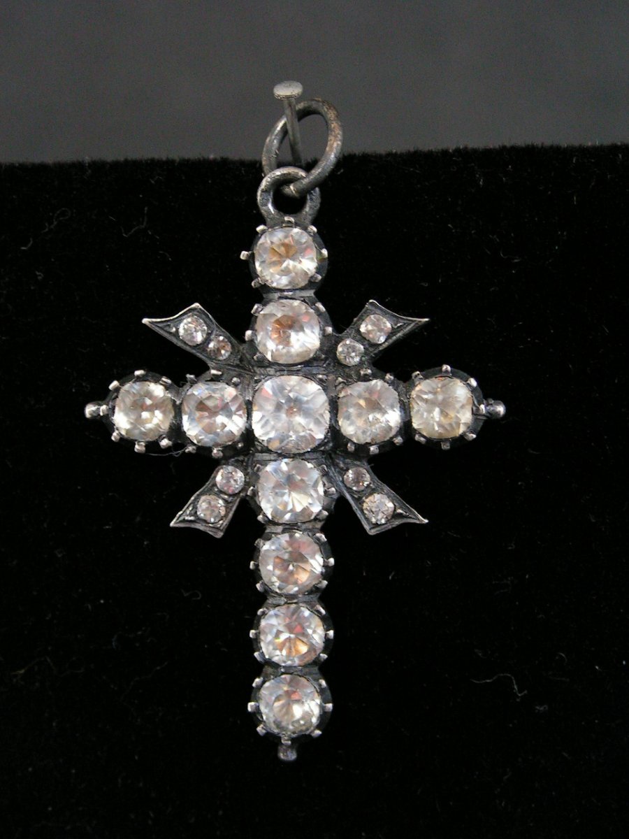 Cross Pendant In Silver Vermeil And White Stones XIXth