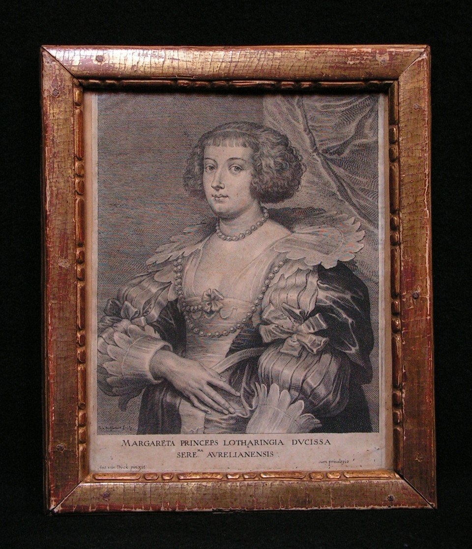 Gravure Marguerite De Lorraine d'Après Van Dyck Gravée Par S. A. Bolswert Cadre Bois Doré