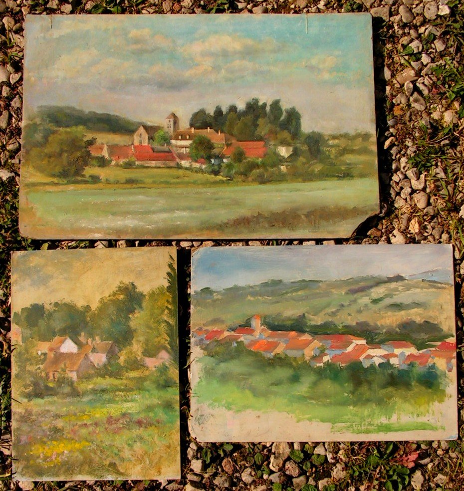 Set Of 15 Pochades Twentieth Representing Landscapes Oils On Cardboard, Unsigned Panels-photo-4