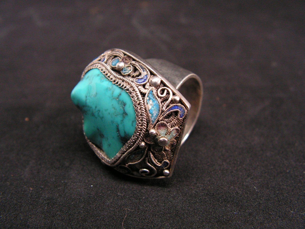 Ancient Imposing Chinese Ring In Filigree Silver And Turquoise-photo-2