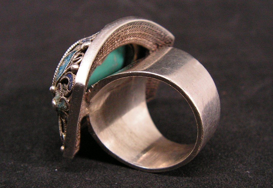 Ancient Imposing Chinese Ring In Filigree Silver And Turquoise-photo-3