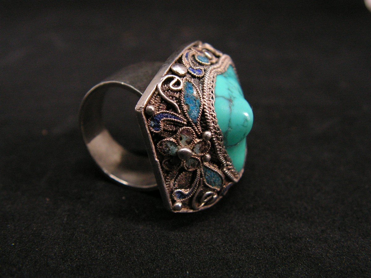 Ancient Imposing Chinese Ring In Filigree Silver And Turquoise-photo-4