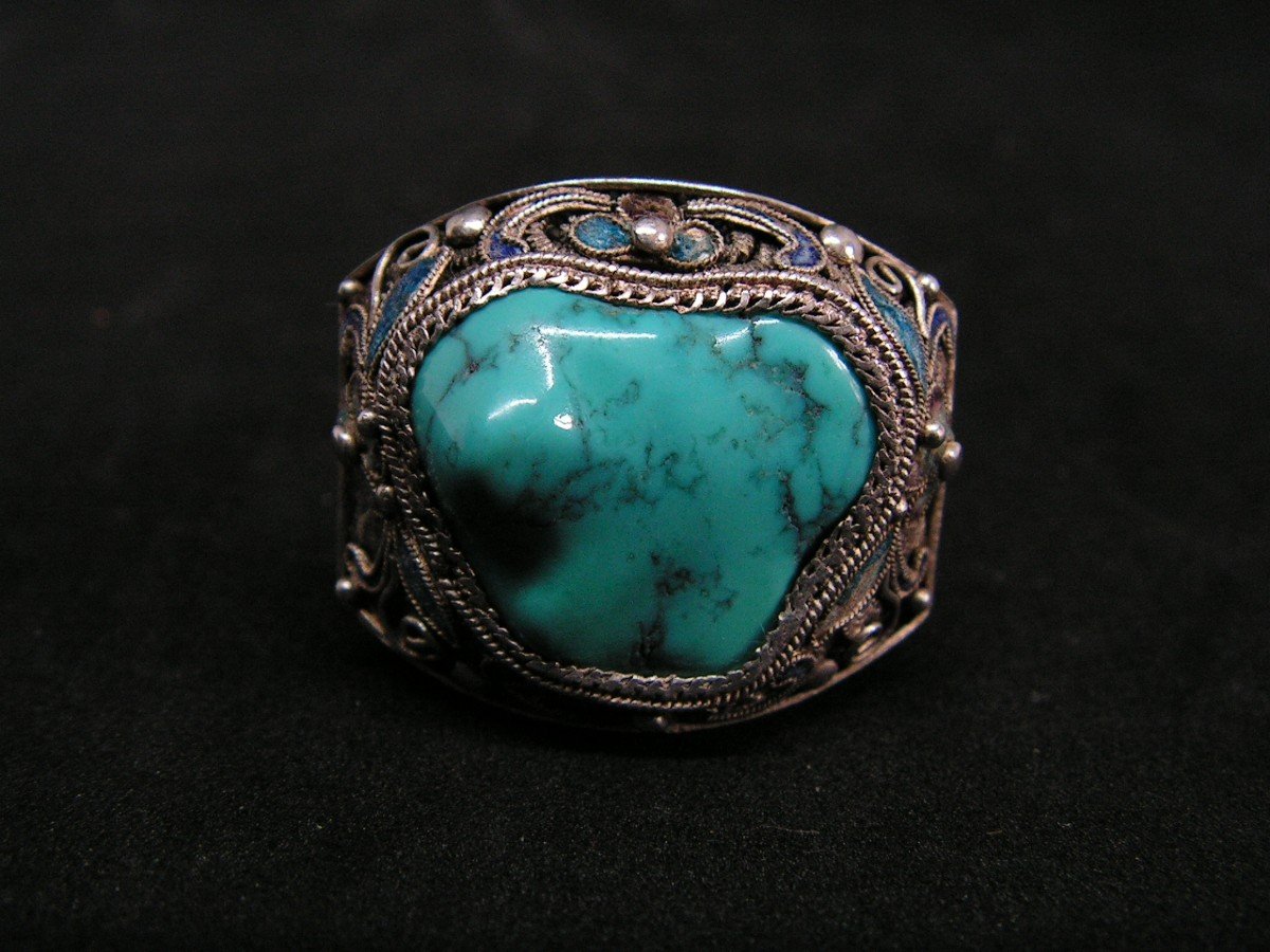 Ancient Imposing Chinese Ring In Filigree Silver And Turquoise-photo-1
