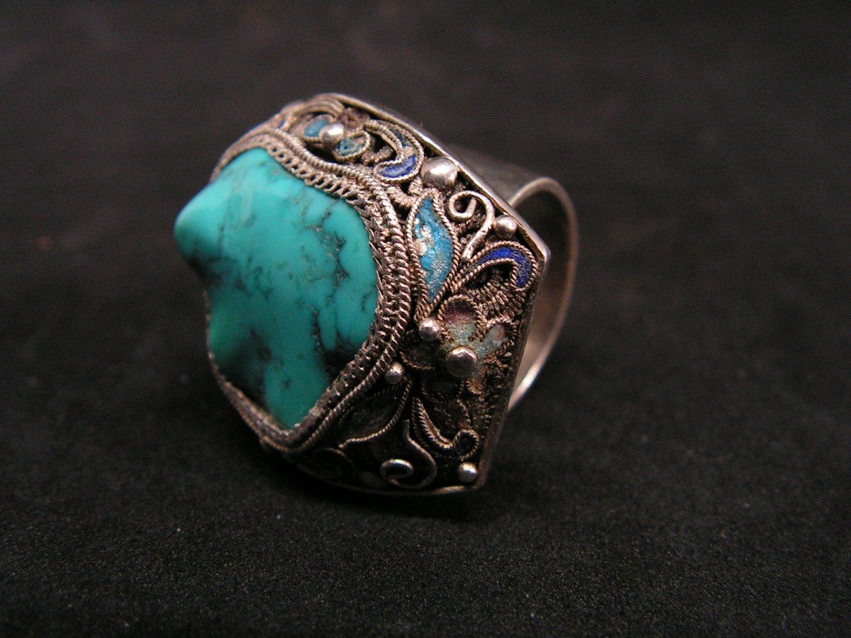 Ancient Imposing Chinese Ring In Filigree Silver And Turquoise-photo-2