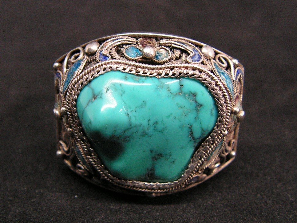 Ancient Imposing Chinese Ring In Filigree Silver And Turquoise