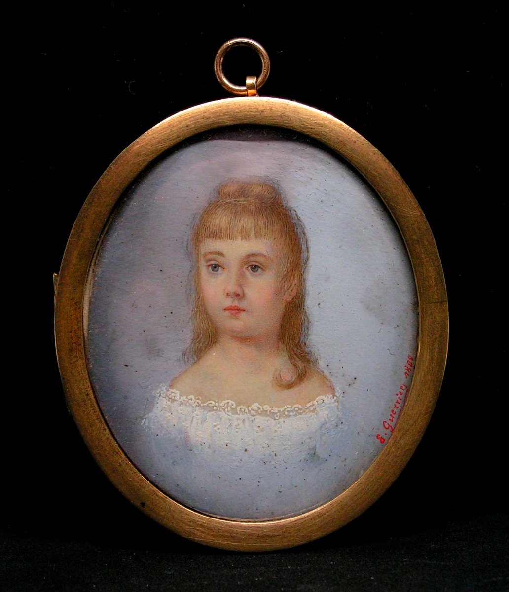Proantic: Miniature Child Girl Nineteenth Medallion Golden Brass Frame