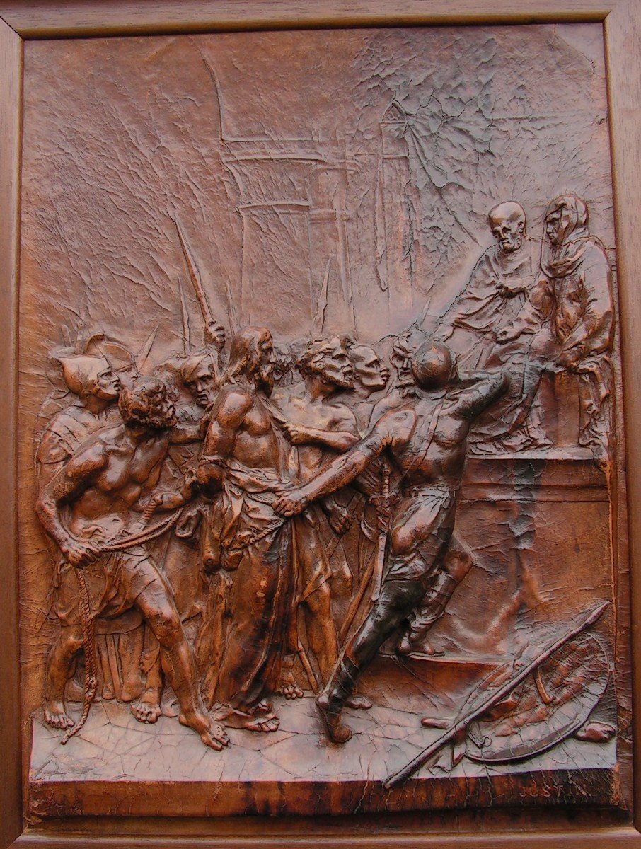 Justin Mathieu Bas Relief In Leather Christ Led Before The Sanhedrin XIX Eme-photo-2