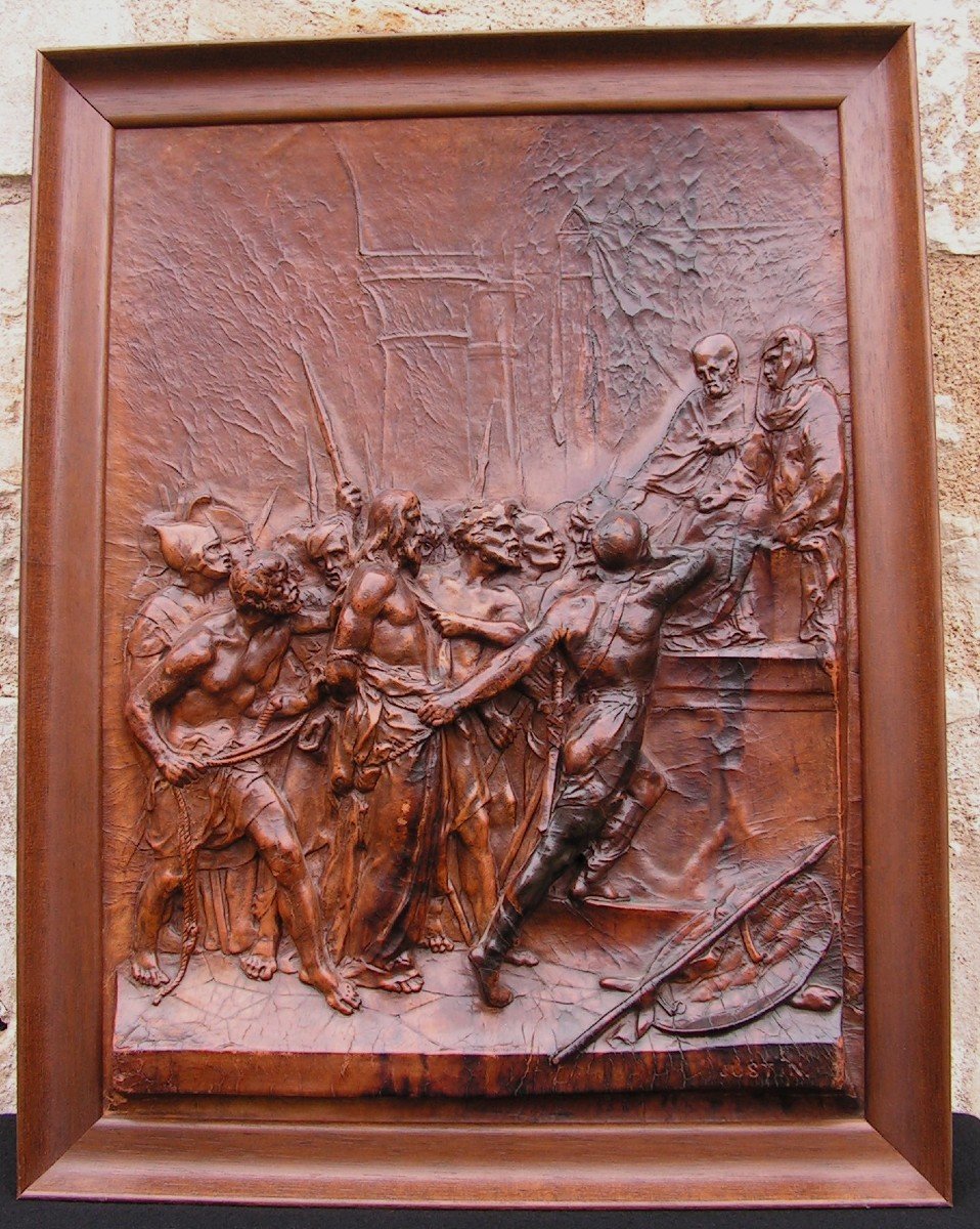 Justin Mathieu Bas Relief In Leather Christ Led Before The Sanhedrin XIX Eme