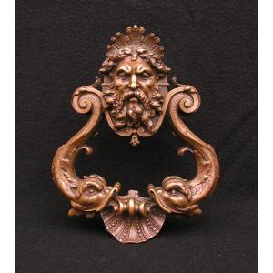 Important Heurtoir En Bronze XIX ème Neptune, Dauphins, Coquillage,s.t Bricard
