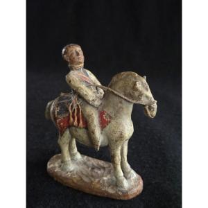 Antique Folk Art Toy Emperor Napoleon On Horseback, Polychrome Carved Wood, 19th Century
