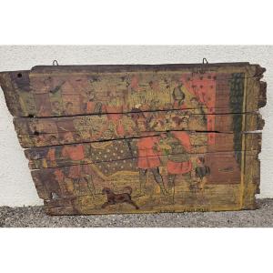 Sicilian Cart Panel In Painted Wood With Decoration Of A King, Knights, Pages, Children...