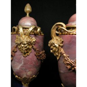 Pair Of Cassolettes Heads Of Fauna Bronze And Marble Nineteenth