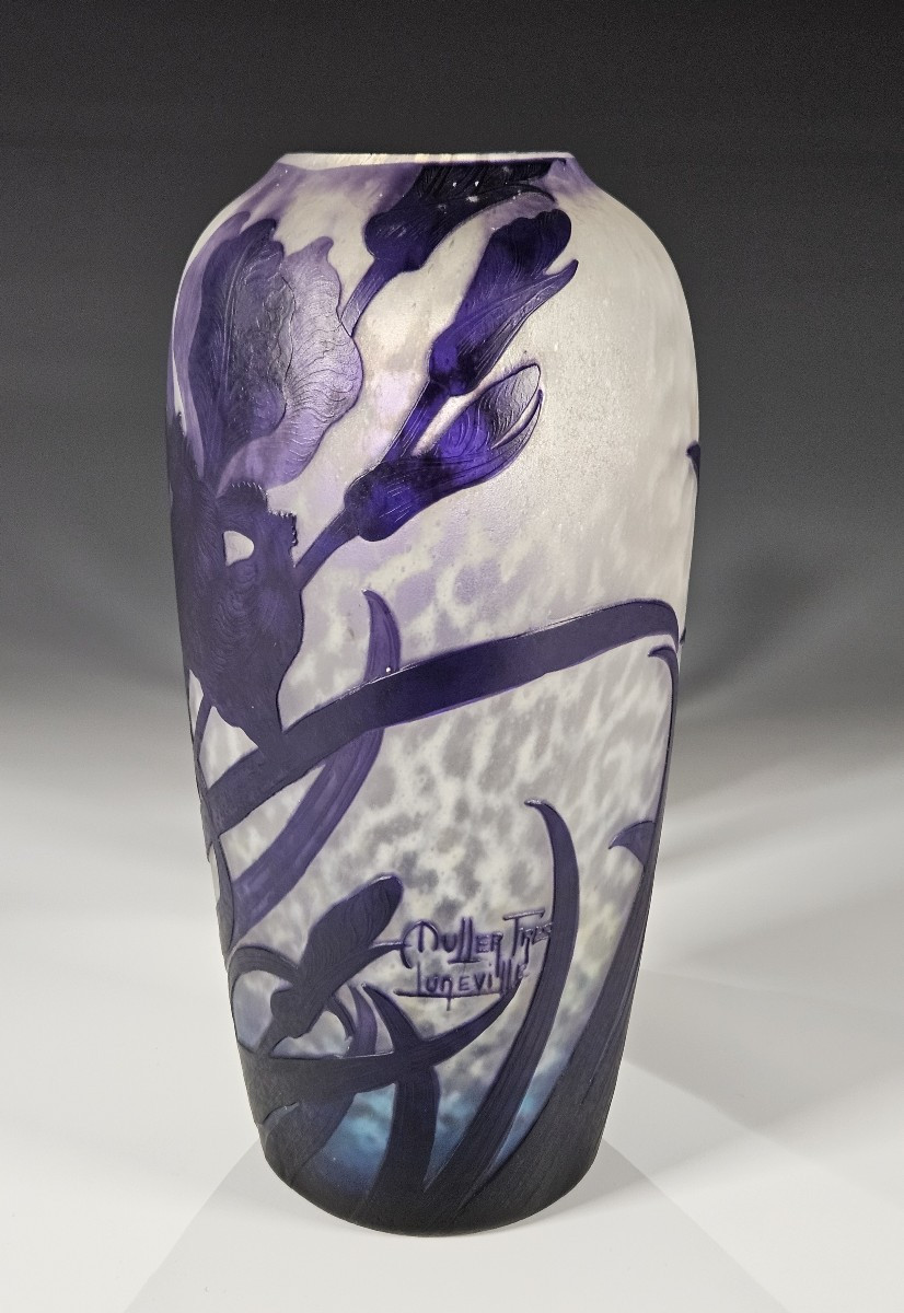 Muller Frères Lunéville - Acid-etched Iris Violets Vase - Art Nouveau-photo-4