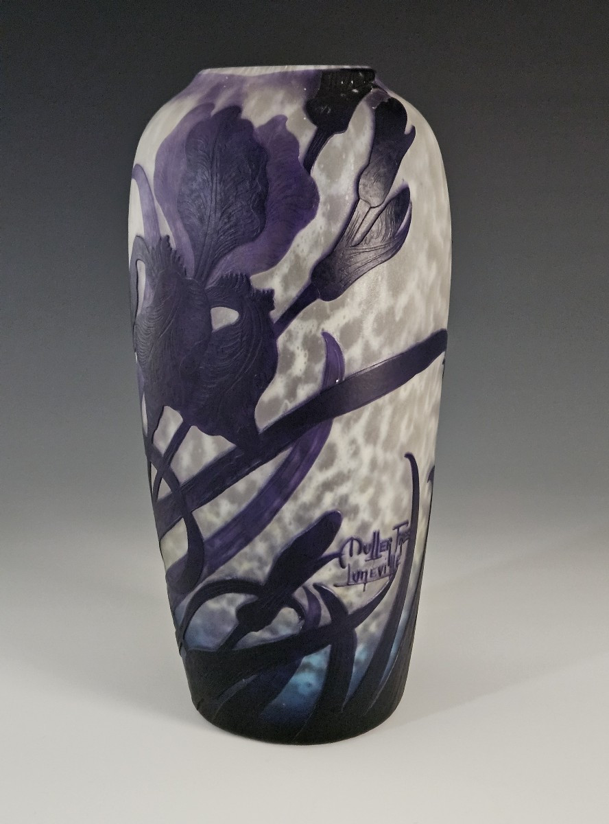 Muller Frères Lunéville - Acid-etched Iris Violets Vase - Art Nouveau