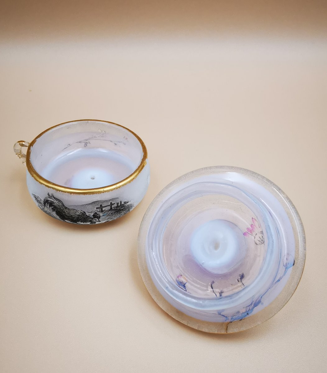 Daum Nancy Miniature Opalescent Covered Pot - Hen Décor - Fables La Fontaine 19th Century-photo-3