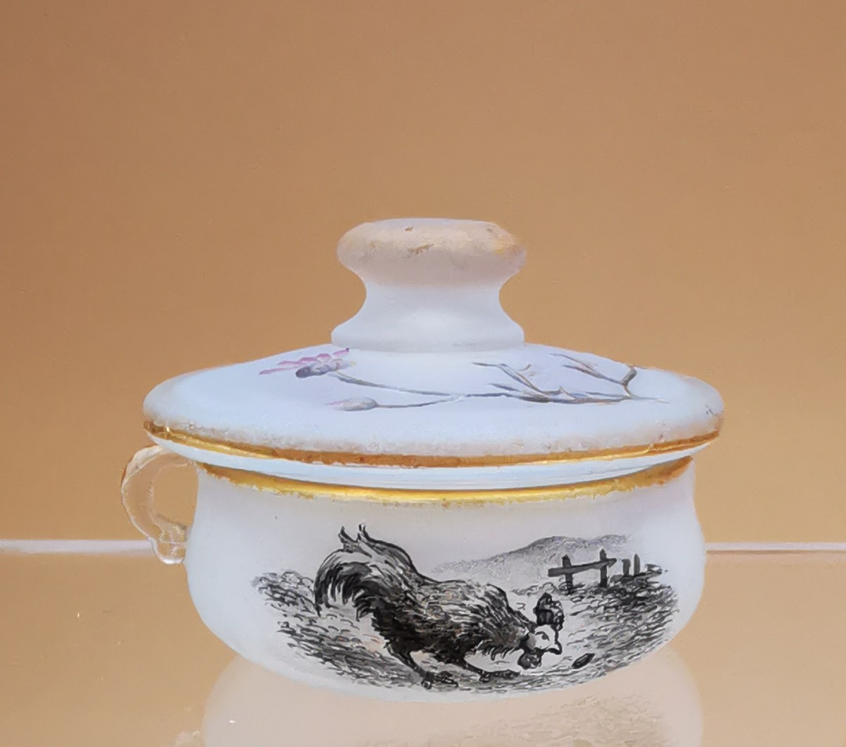 Daum Nancy Miniature Opalescent Covered Pot - Hen Décor - Fables La Fontaine 19th Century