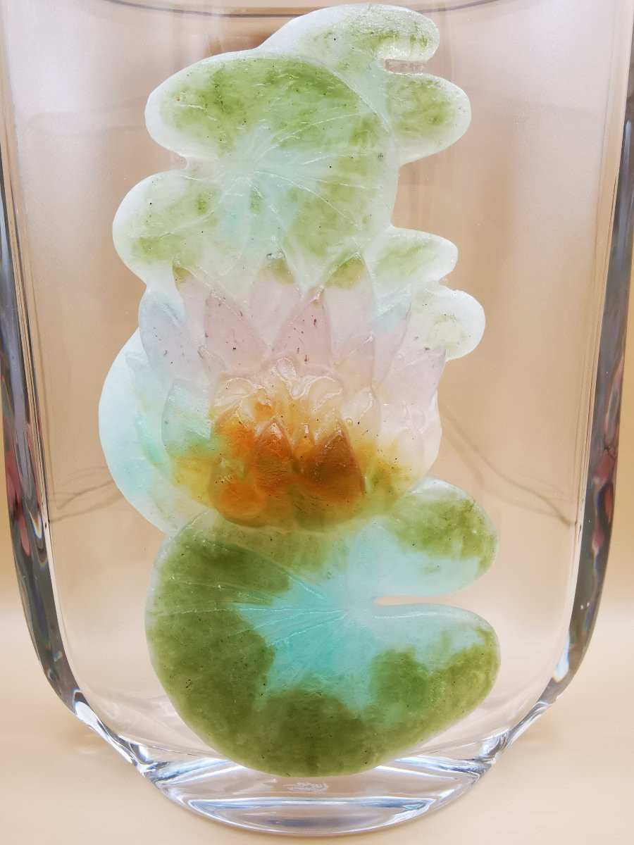 Daum Nancy - Vase In Crystal And Pâte De Verre - Lotus Flower-photo-4
